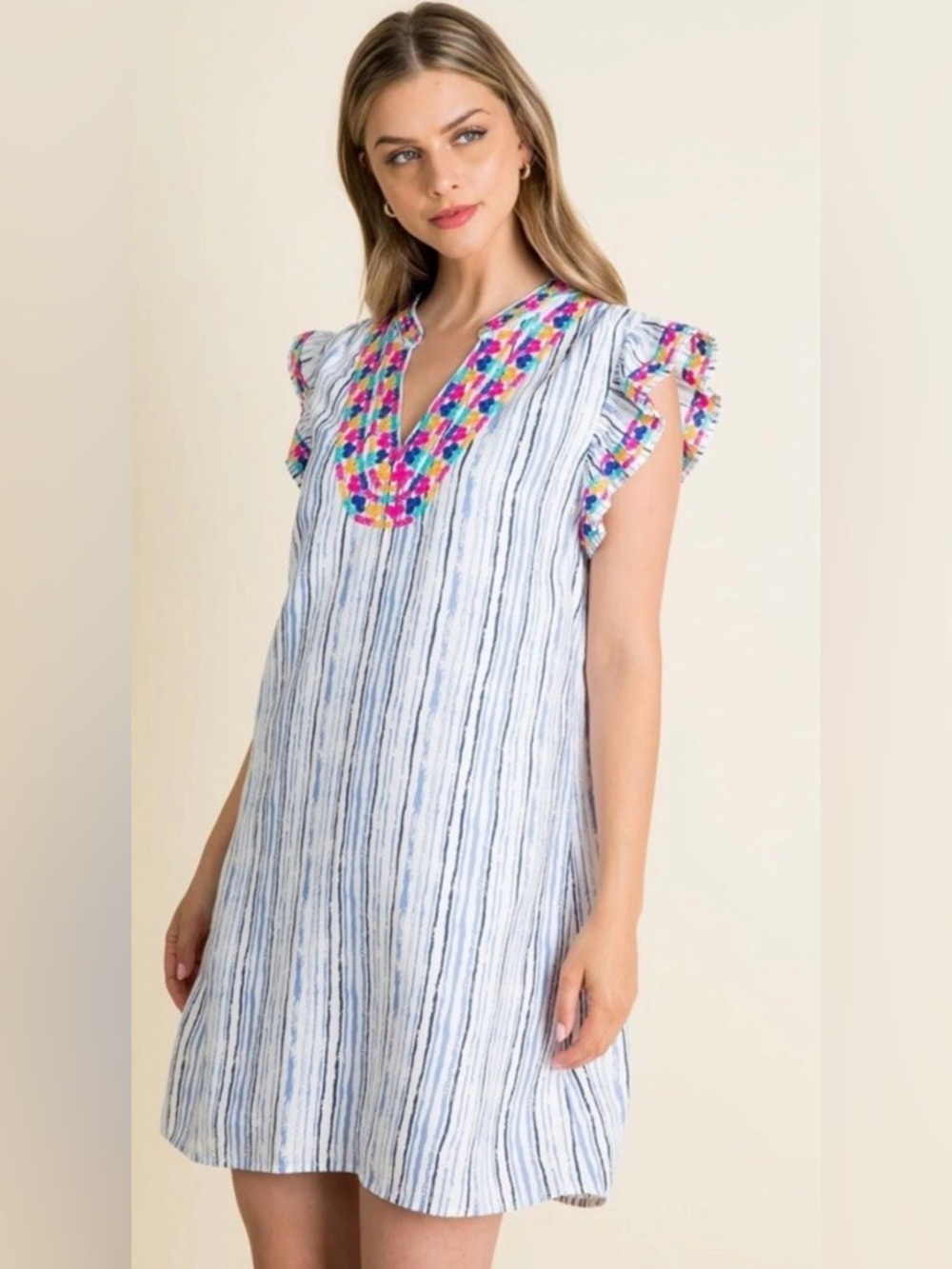 THML White Top with Multicolor Embroidered Trim